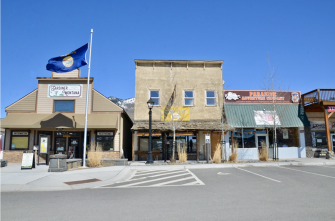 The Gardiner, Montana visitor building and historic storefronts